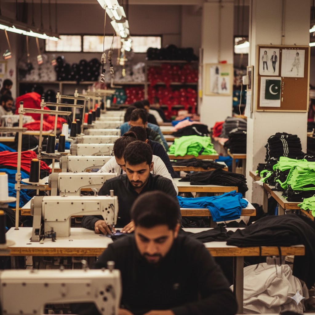 xplore impex Workers sewing colorful garments in factory.